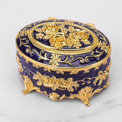 Gold Blue Rose Enamel Oval Metal Jewelry Storage Organizer Box Compact Size 8.9x5.9cm For Weddings, Anniversaries