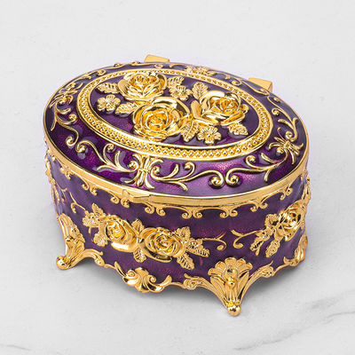 Gold Purple Rose Enamel Oval Metal Jewelry Storage Organizer Box One Layer for Easy Storage and Organization