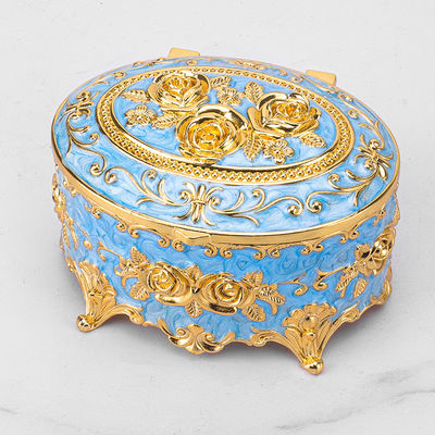 Gold Sky Blue Rose Enamel Metal Jewelry Storage Organizer Box With Gold Plating 8.9x5.9cm