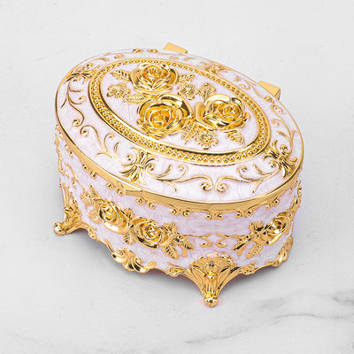 Gold White Vintage Rose Enamel Oval Metal Jewelry Storage Box Organizer One Layer for Jewelry
